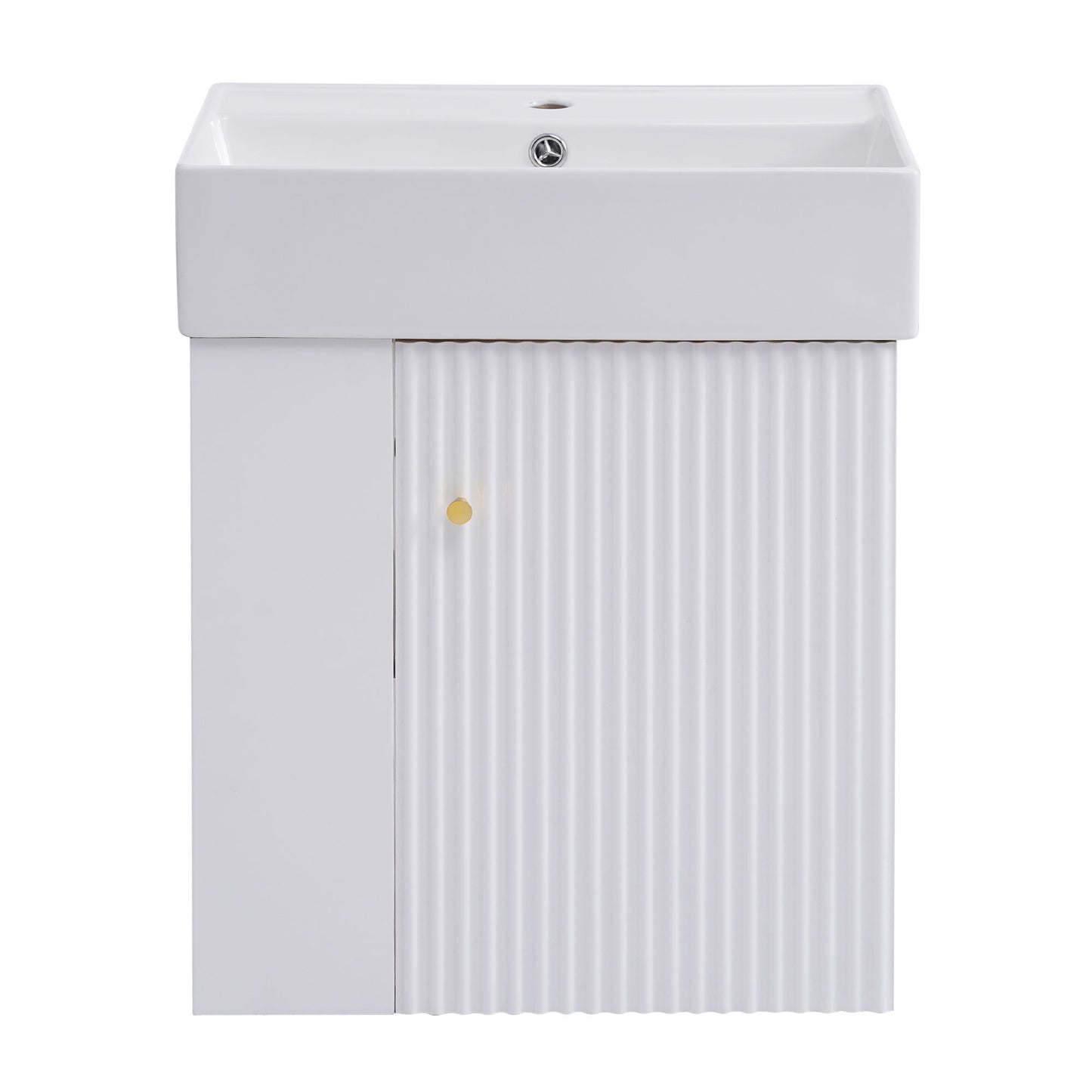 The Modern Floating Bathroom Vanity With Ceramic Basin features a rectangular sink atop a minimalist white cabinet with a single door, vertical grooves, and a round knob—an ideal space-saving solution for small bathrooms.
