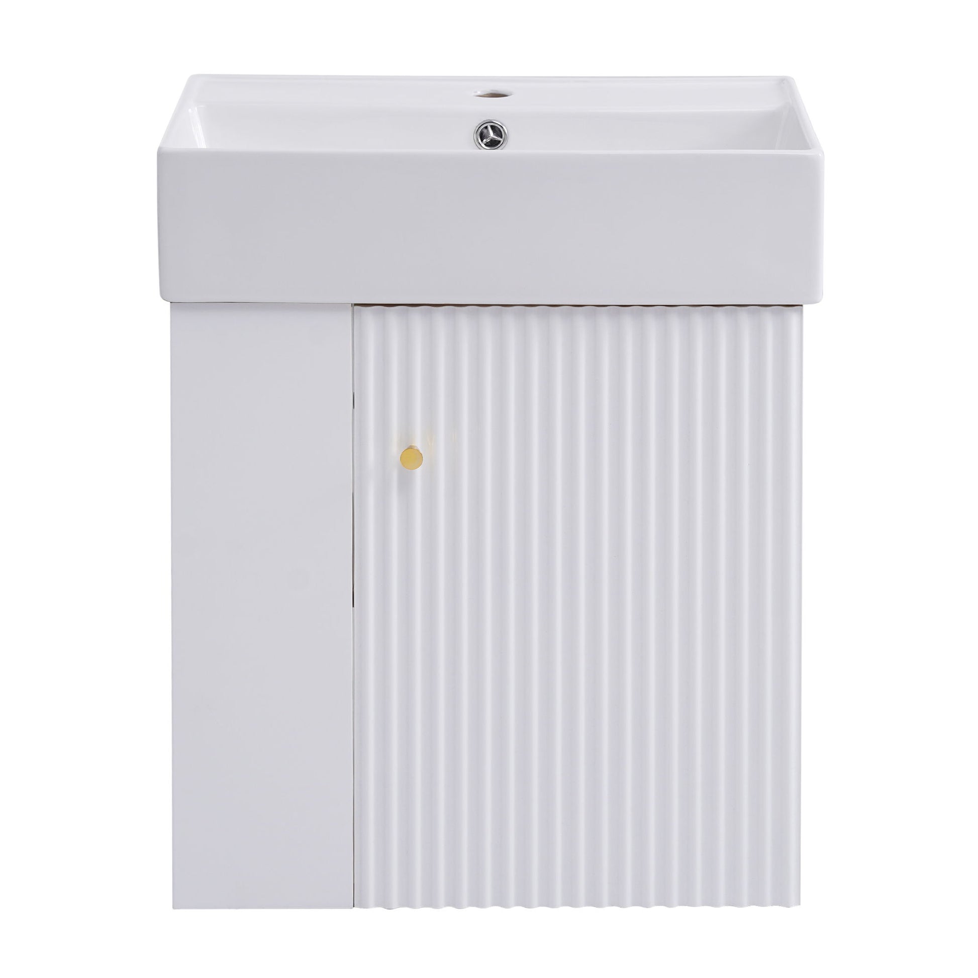 The Modern Floating Bathroom Vanity With Ceramic Basin features a rectangular sink atop a minimalist white cabinet with a single door, vertical grooves, and a round knob—an ideal space-saving solution for small bathrooms.