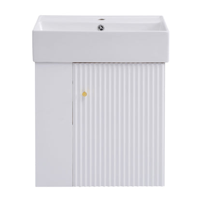 The Modern Floating Bathroom Vanity With Ceramic Basin features a rectangular sink atop a minimalist white cabinet with a single door, vertical grooves, and a round knob—an ideal space-saving solution for small bathrooms.