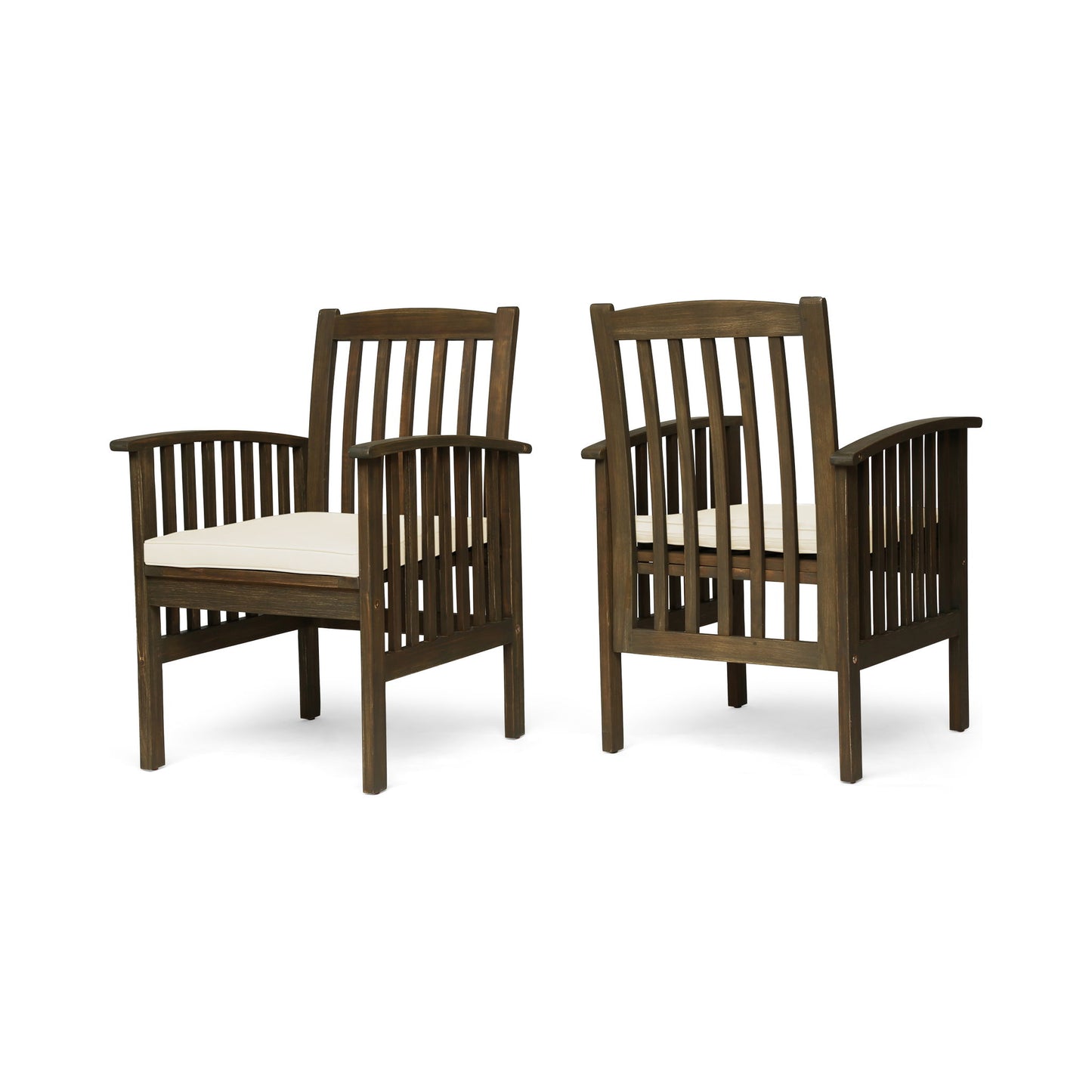 Set of two Casa Acacia Dining Chairs with cushions, featuring vertical slat backs and sides in a dark brown finish and light-colored seat cushions. One chair is shown front-facing, the other angled to display the back.