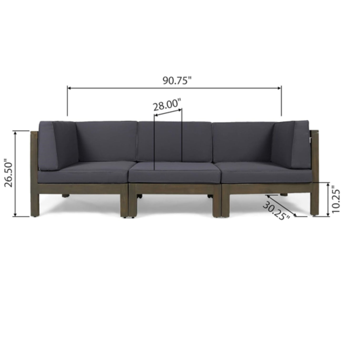 The Oana 3 Piece Sofa Set with Water Resistant Cushions is a dark gray sectional with wooden frame, shown from the front. Dimensions: width 90.75", seat depth 30.25", seat height 10.25", and seat width 28" per section.