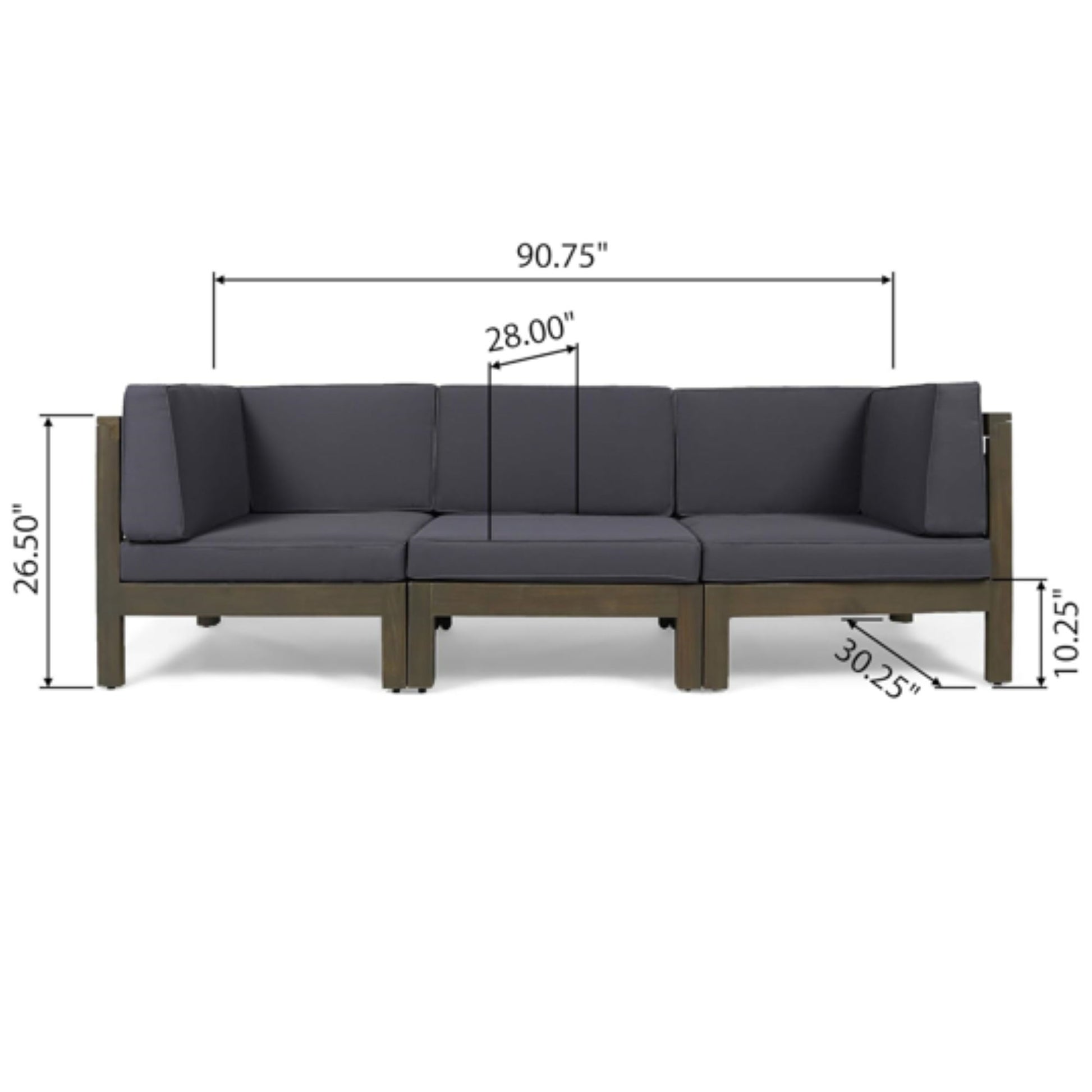 The Oana 3 Piece Sofa Set with Water Resistant Cushions is a dark gray sectional with wooden frame, shown from the front. Dimensions: width 90.75", seat depth 30.25", seat height 10.25", and seat width 28" per section.