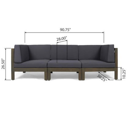 The Oana 3 Piece Sofa Set with Water Resistant Cushions is a dark gray sectional with wooden frame, shown from the front. Dimensions: width 90.75", seat depth 30.25", seat height 10.25", and seat width 28" per section.
