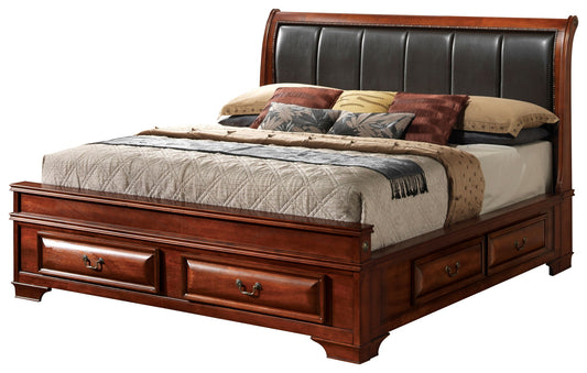 The Lavita - Storage Bed is a wooden king-size bed featuring storage drawers at the base, an upholstered dark brown headboard, and bedding with neatly arranged neutral-toned pillows.