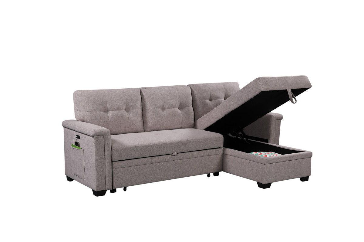 The Nathan Reversible Sleeper Sectional Sofa features a light gray L-shape, tufted back cushions, a storage chaise with space for blankets, a side pocket on the armrest, and built-in USB charging ports.