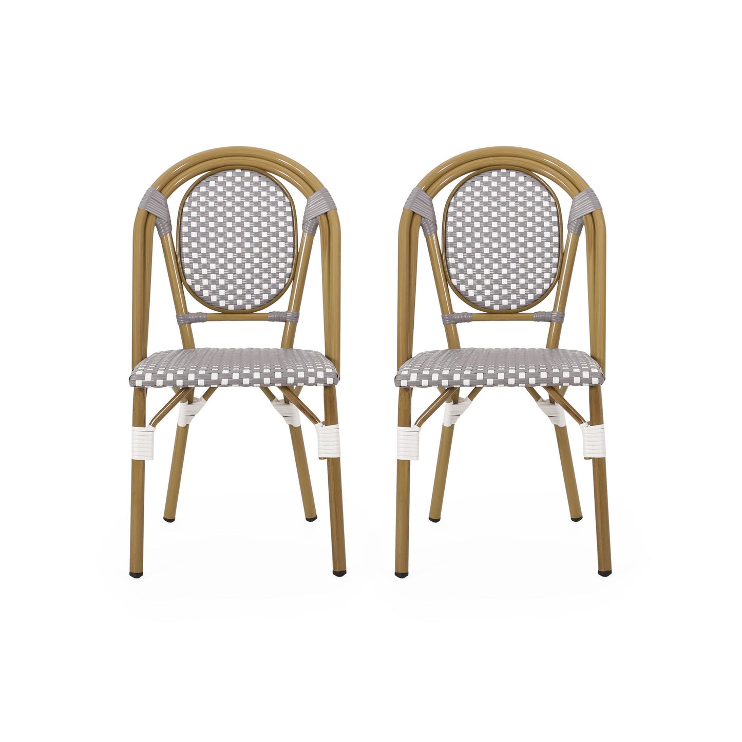 The Outdoor Rattan And Aluminum French Bistro Chair Set features two arched-back chairs with brown frames and woven gray and white checkered seats and backrests, shown against a white background.
