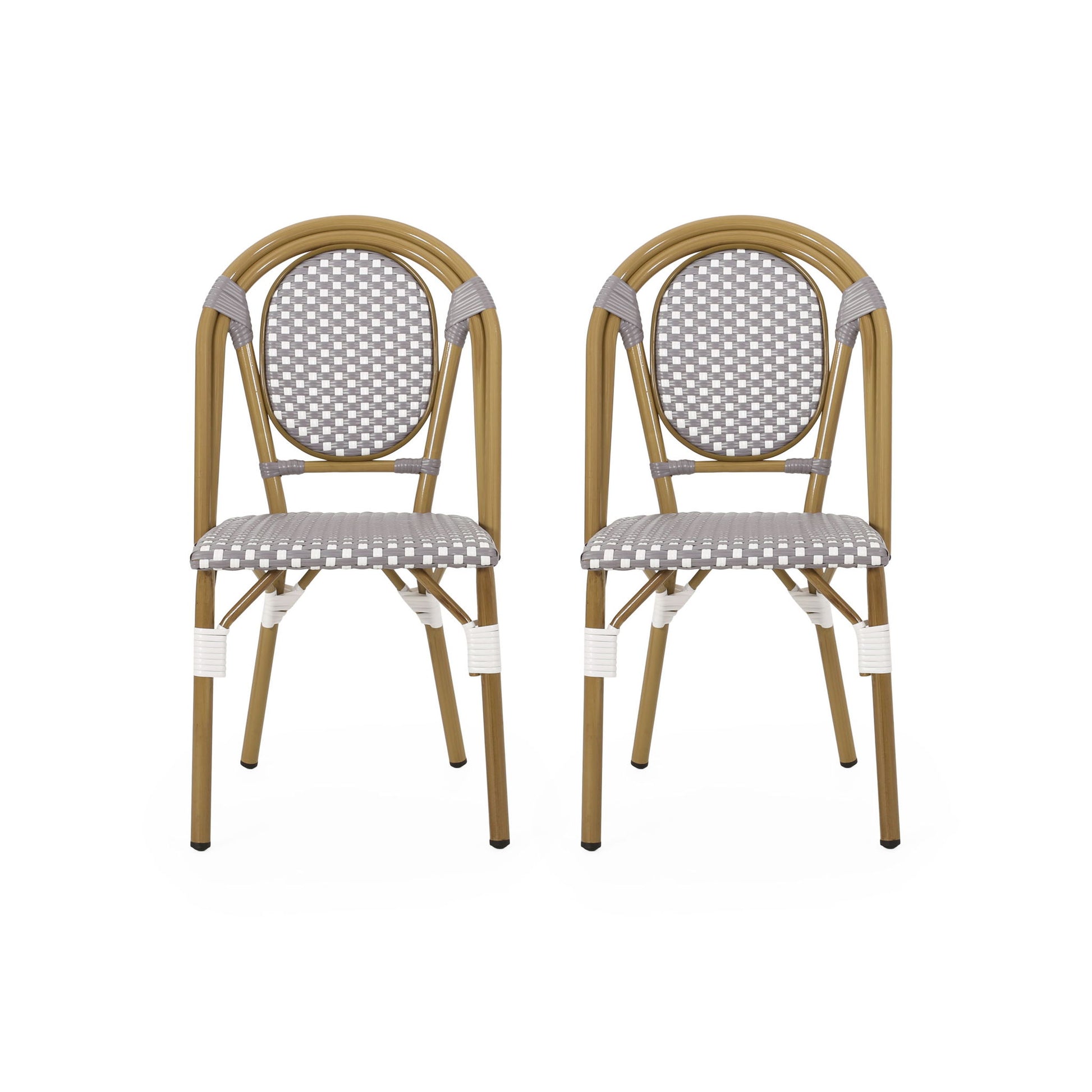 The Outdoor Rattan And Aluminum French Bistro Chair Set features two arched-back chairs with brown frames and woven gray and white checkered seats and backrests, shown against a white background.