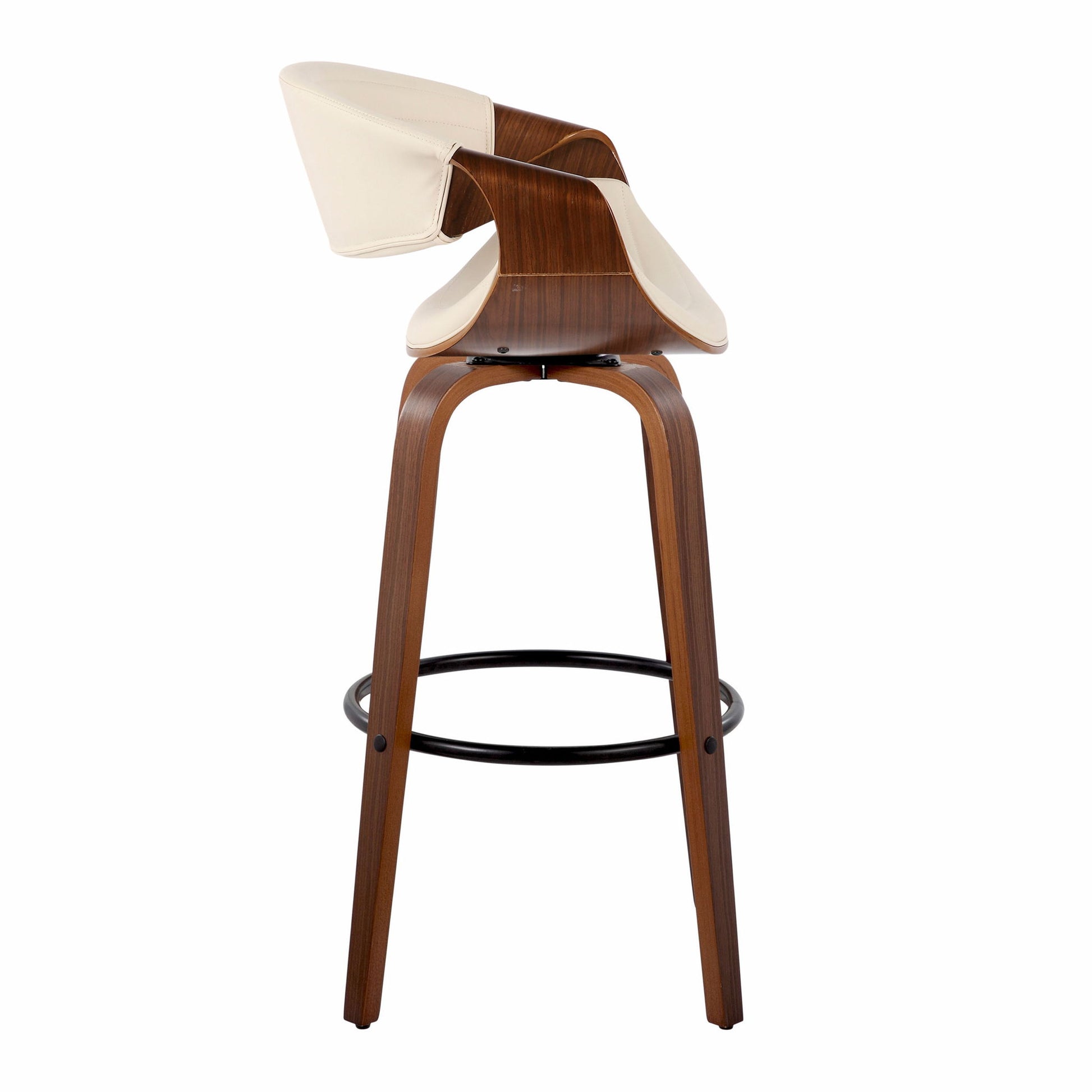 The Symphony barstool set features a mid-century modern design with a curved wooden seat, cream backrest, three angled legs, and a black round footrest; shown in side view. Set of 2 includes fixed height and swivel functionality.
