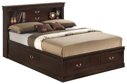 The Louis Phillipe - Bookcase Storage Bed features built-in drawers on the base and headboard, plus shelves decorated with pillows, a beige blanket, books, and decorative items.