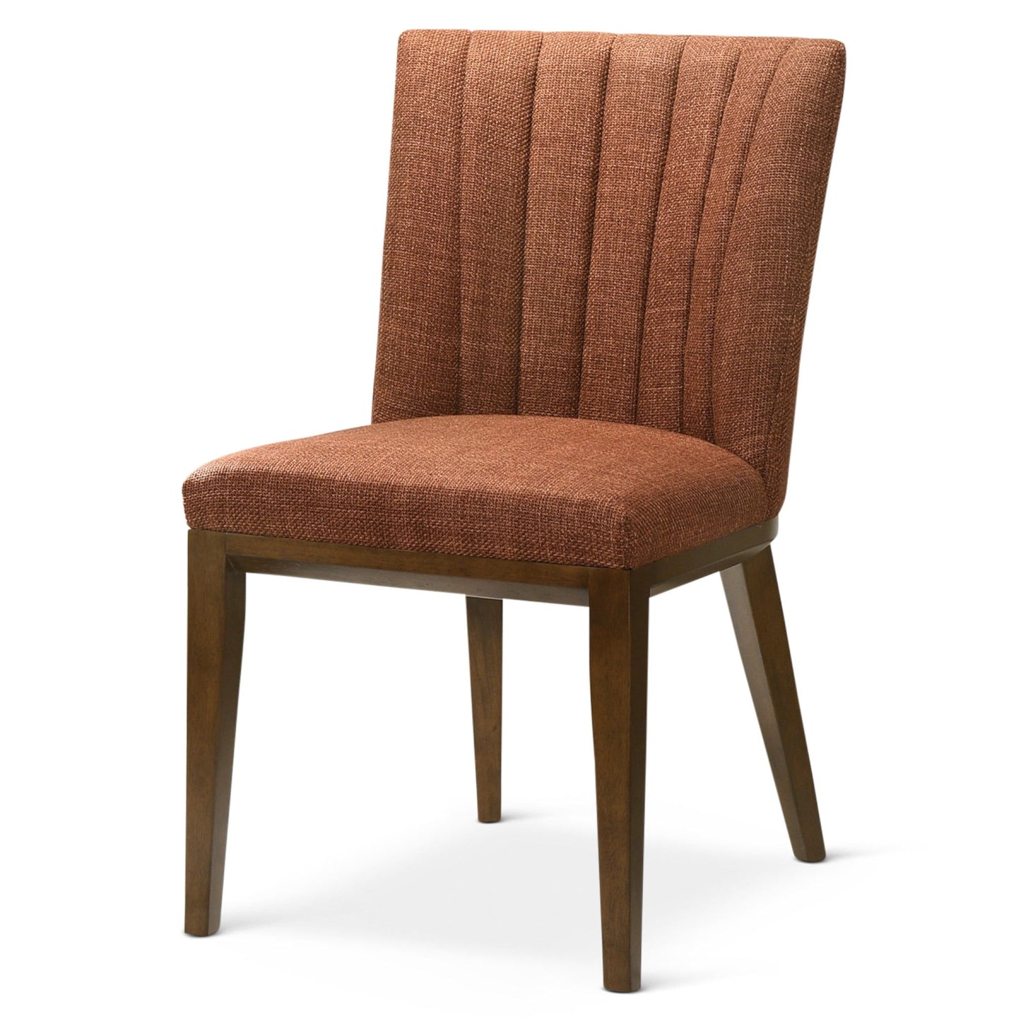 The Elmwood Stylish Dining Chair (Set of 2) features brown upholstery, a tufted vertically-stitched backrest, and wooden legs, displayed against a white background.