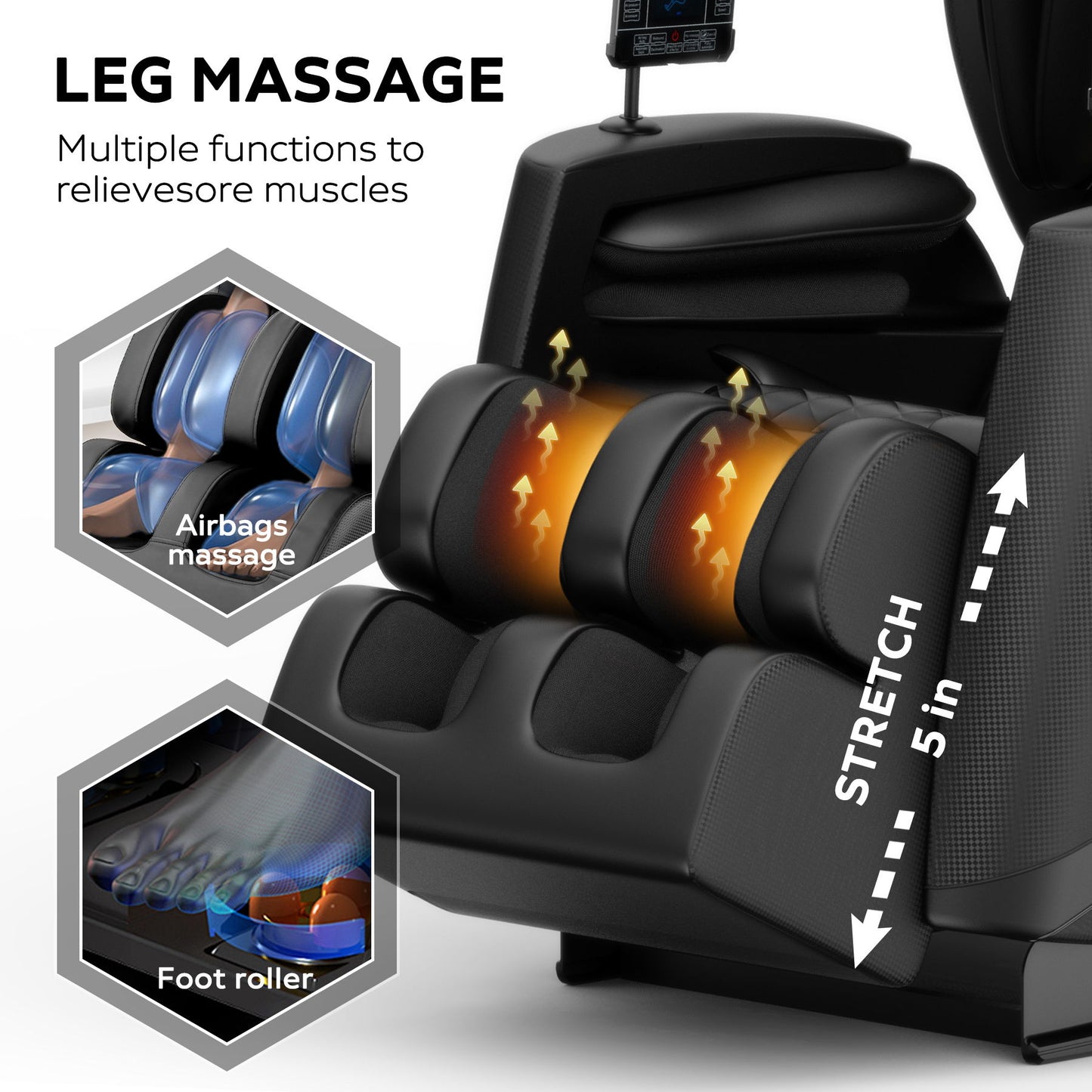The Massage Chair Recliner With Zero Gravity With Full Body Air Pressure - Black features a leg rest with airbags massage, foot roller, and a stretch function extending up to 5 inches, offering various options to relieve sore muscles. Arrows show movement and stretching.