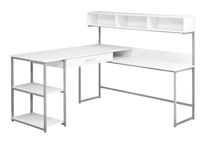 This contemporary L-shaped computer desk for the home office features metal legs, a built-in drawer, three side shelves, and an elevated hutch with four cubbies above the main work surface.