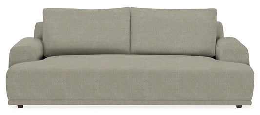 Introducing the Fia 90" Sofa: a sleek, minimalist piece in gray with thick armrests and a low backrest. Its soft, muted fabric texture is perfect for contemporary living room settings.