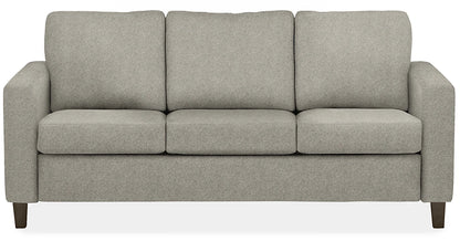 The Berin Day & Night Sleeper Sofa, a three-seater with a light gray minimalist design, features straight armrests and dark wooden legs, set against a plain white background. The cushions exhibit a simple, clean look.