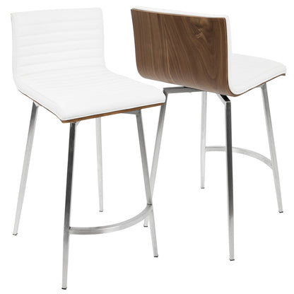 The Mason Contemporary Swivel Counter Stool (Set of 2) features white cushioned seats and backs, walnut wood accents, and sleek metal legs with footrests. One stool is shown from the front, the other from the back.
