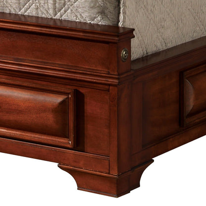 Close-up of the Lavita - Storage Bed frame corner with a decorative panel, polished rich brown finish, and detailed edge molding. A part of the mattress is also visible.