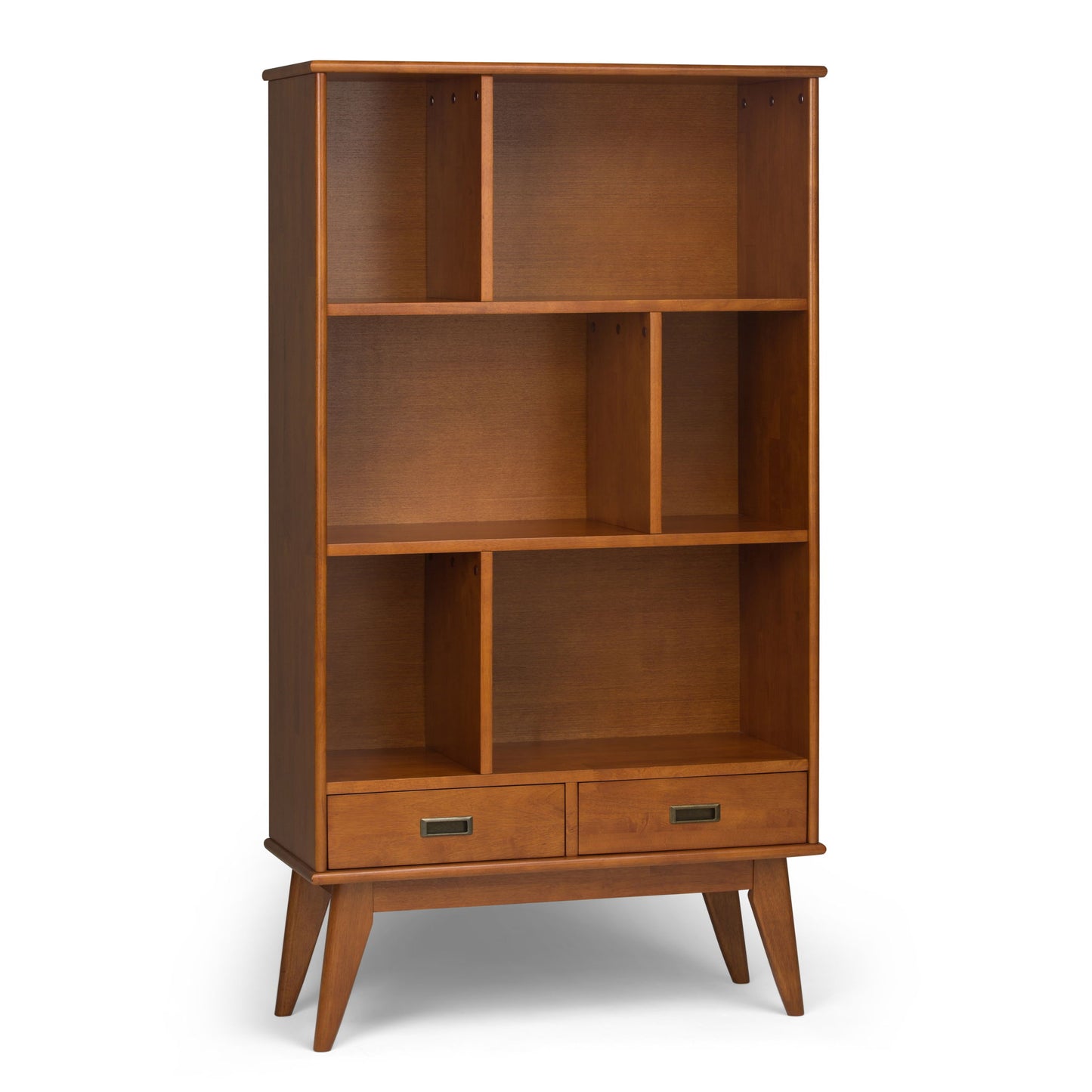 The Draper - Mid Century Wide Bookcase And Storage Unit features six open shelves in various sizes, two lower drawers, and four angled legs. Made from wood with a warm medium-brown finish for a stylish modern look.