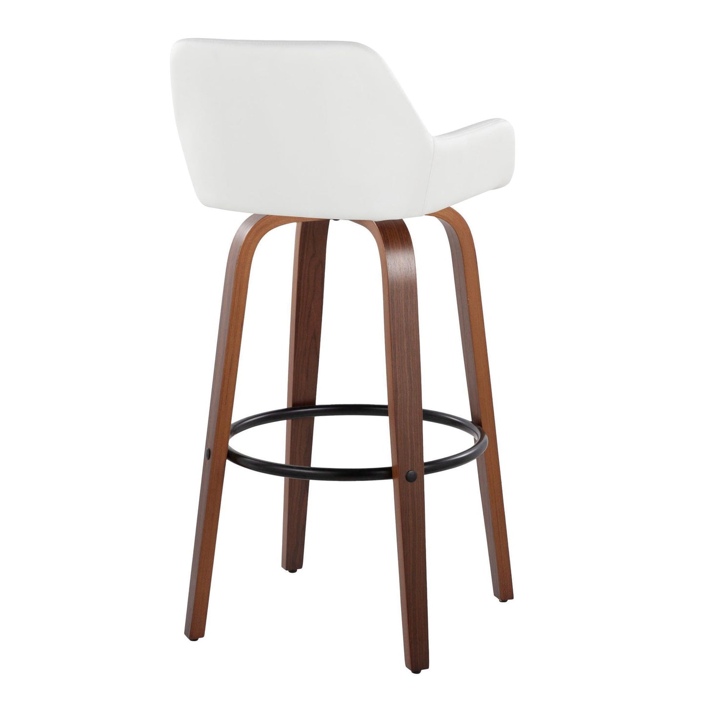 The Daniella Contemporary Barstool Set features a curved white seat, wooden legs, and a black round footrest. With its minimalist design, this fixed-height swivel barstool is shown from the back angle. Set of 2.