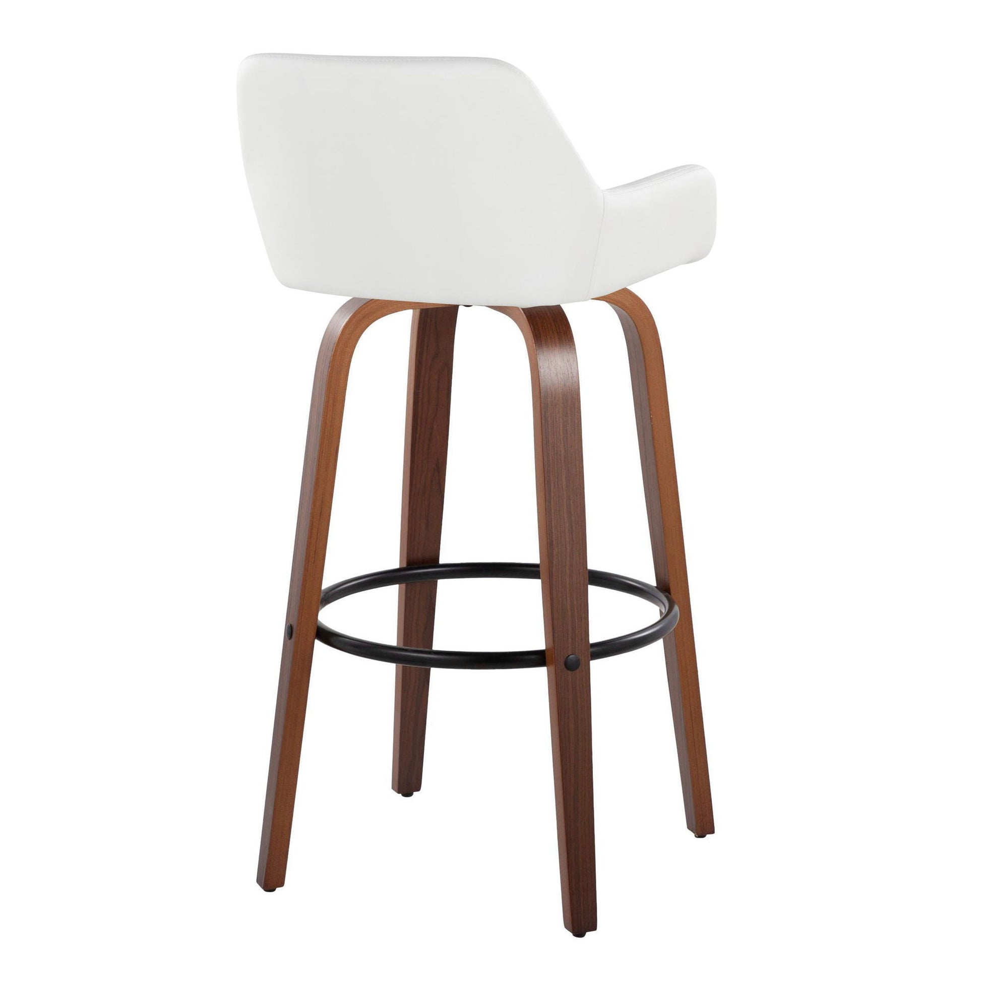 The Daniella Contemporary Barstool Set features a curved white seat, wooden legs, and a black round footrest. With its minimalist design, this fixed-height swivel barstool is shown from the back angle. Set of 2.