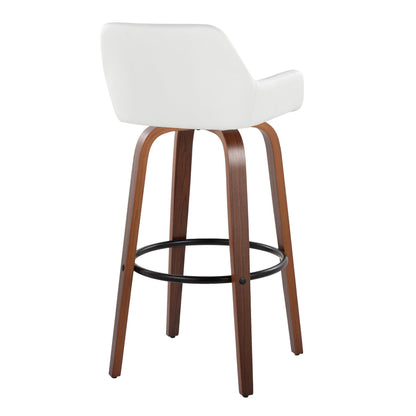 The Daniella Contemporary Barstool Set features a curved white seat, wooden legs, and a black round footrest. With its minimalist design, this fixed-height swivel barstool is shown from the back angle. Set of 2.