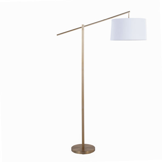 The Casper - Contemporary Floor Lamp features a slim gold metal stand and horizontal arm with a white cylindrical shade, showcasing minimalist design. Photographed against a plain white background.
