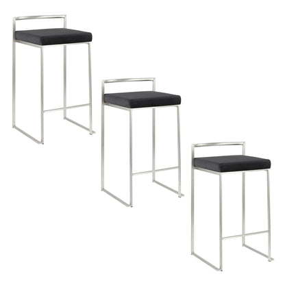 A set of three Fuji - Contemporary Elegant Stackable Counter Stools with silver metal frames, black cushioned seats, low backrests, and minimalist design are arranged diagonally against a white background.
