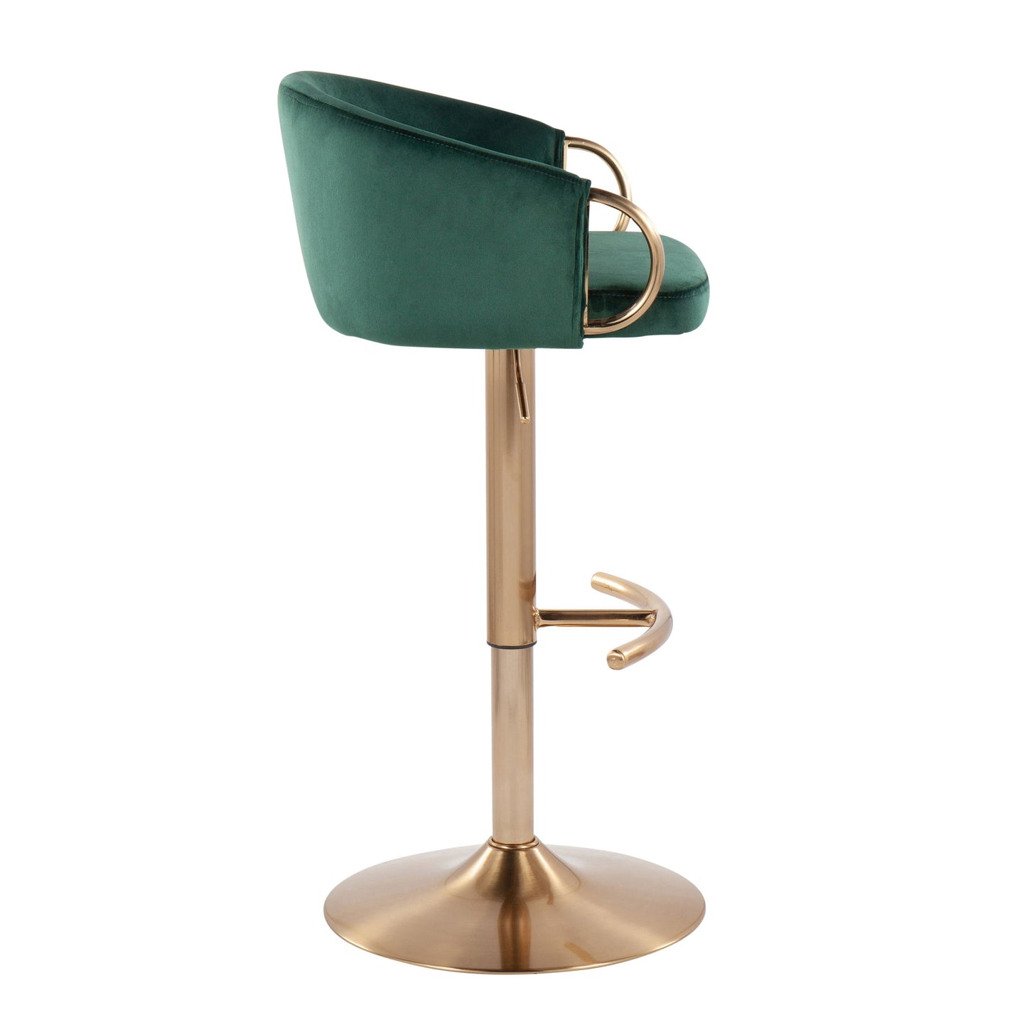 The Claire Contemporary/Glam Adjustable Bar Stool (Set of 2) features green velvet seats, gold metal armrests, and a gold pedestal base with footrest. Shown from the side.