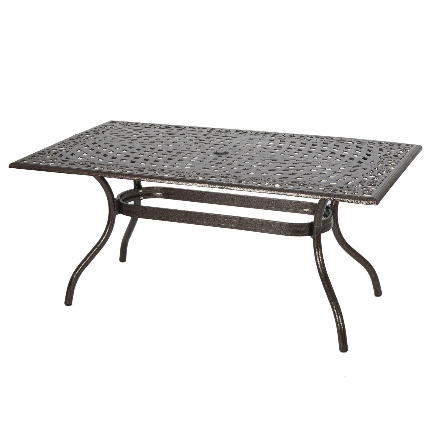 The Celestine Outdoor Cast Aluminum Dining Table features a floral lattice tabletop, curved legs, and a built-in umbrella holder, shown against a plain white background.