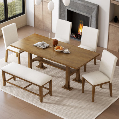 The Topmax 6 Piece Farmhouse Extendable Dining Table Set, featuring a trestle table with removable leaf, upholstered chairs and bench, is arranged on a light rug in a modern room by a fireplace and large window with cups, teapot, plates, and pastries.