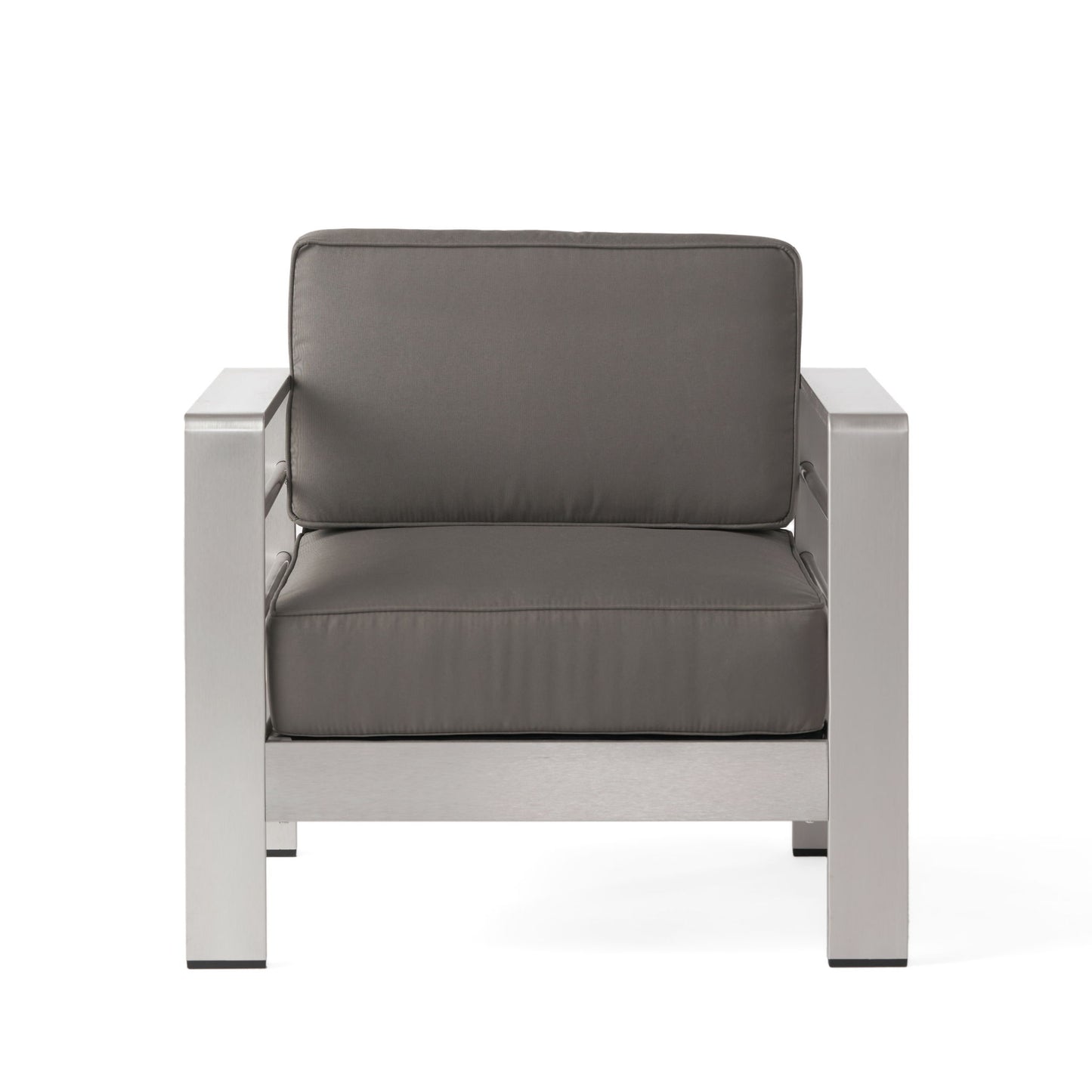 The Outdoor Aluminum Club Chair With Cushion - Gray features a modern metal frame, wide armrests, and thick dark gray seat and back cushions, shown from the front against a white background.