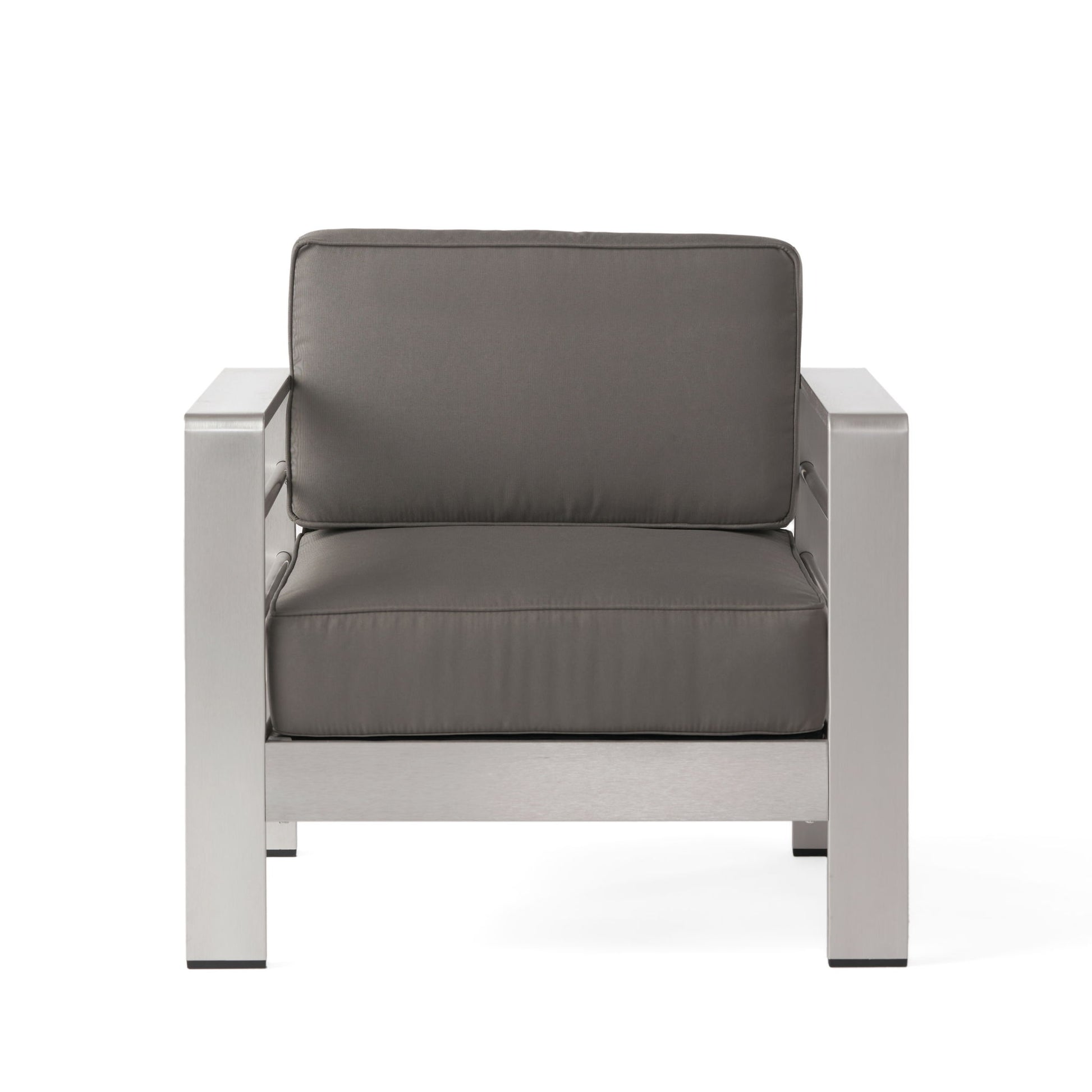 The Outdoor Aluminum Club Chair With Cushion - Gray features a modern metal frame, wide armrests, and thick dark gray seat and back cushions, shown from the front against a white background.