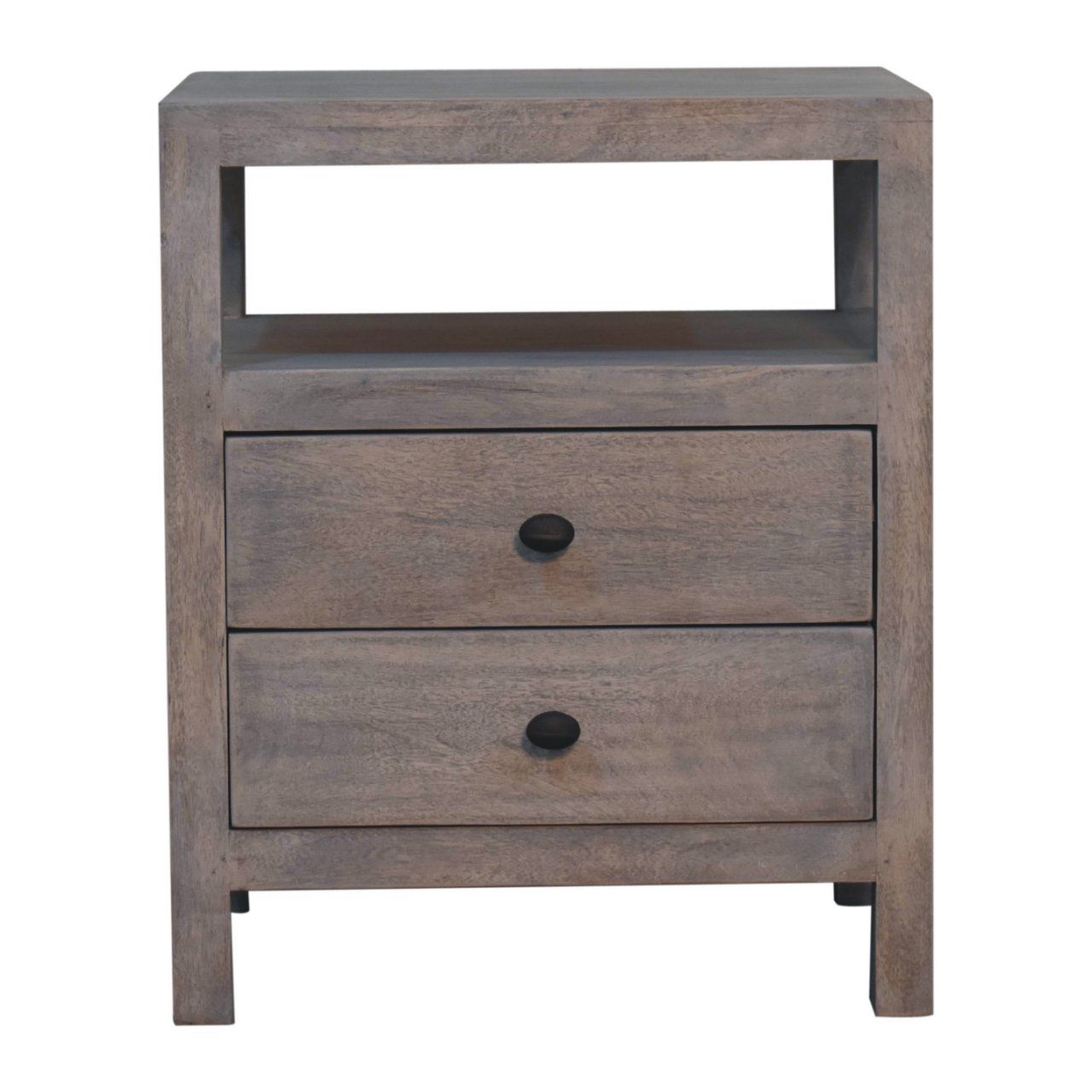 The Acid - 2 Drawer Open Bedside Table in Gray Ash features a wooden design with two drawers, round black knobs, and an open shelf above the drawers.