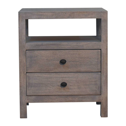 The Acid - 2 Drawer Open Bedside Table in Gray Ash features a wooden design with two drawers, round black knobs, and an open shelf above the drawers.