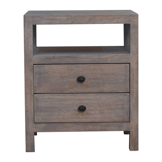 The Acid - 2 Drawer Open Bedside Table in Gray Ash features a wooden design with two drawers, round black knobs, and an open shelf above the drawers.