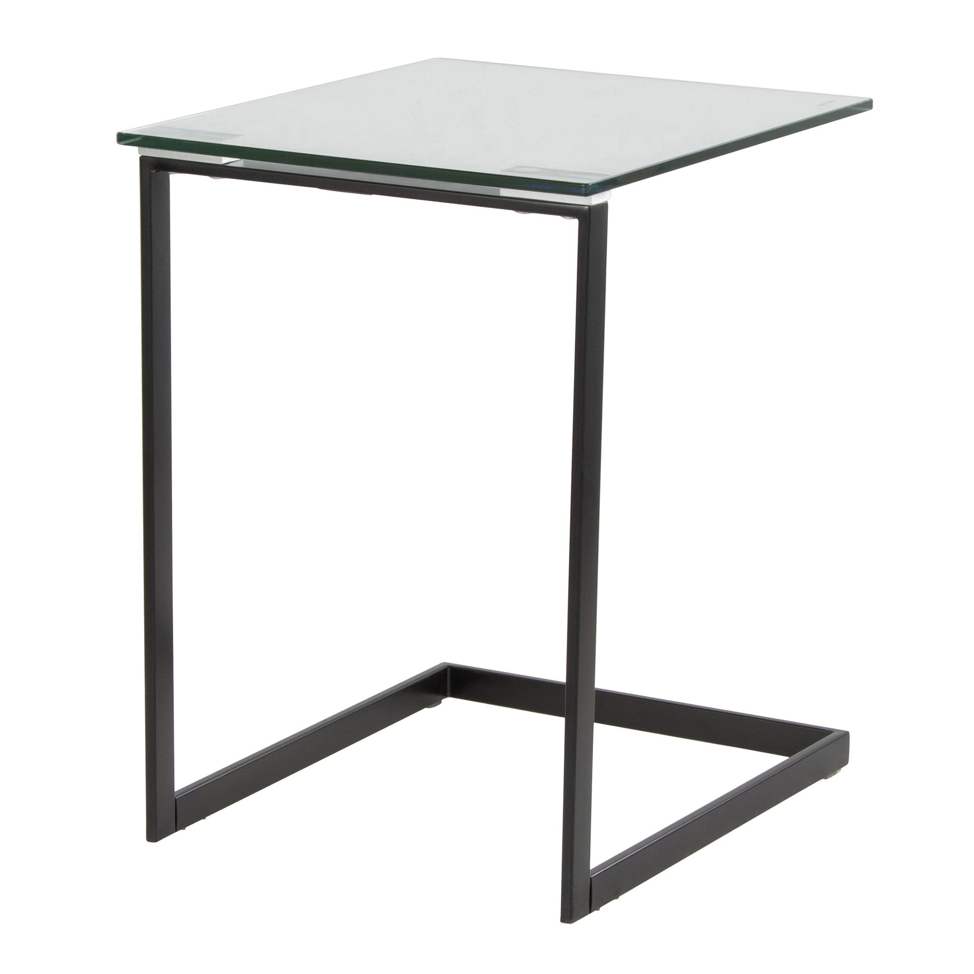 The Zenn - Contemporary End Table features a clear glass square top and a minimalist black metal frame with an open rectangular base.