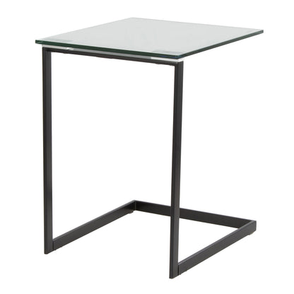 The Zenn - Contemporary End Table features a clear glass square top and a minimalist black metal frame with an open rectangular base.