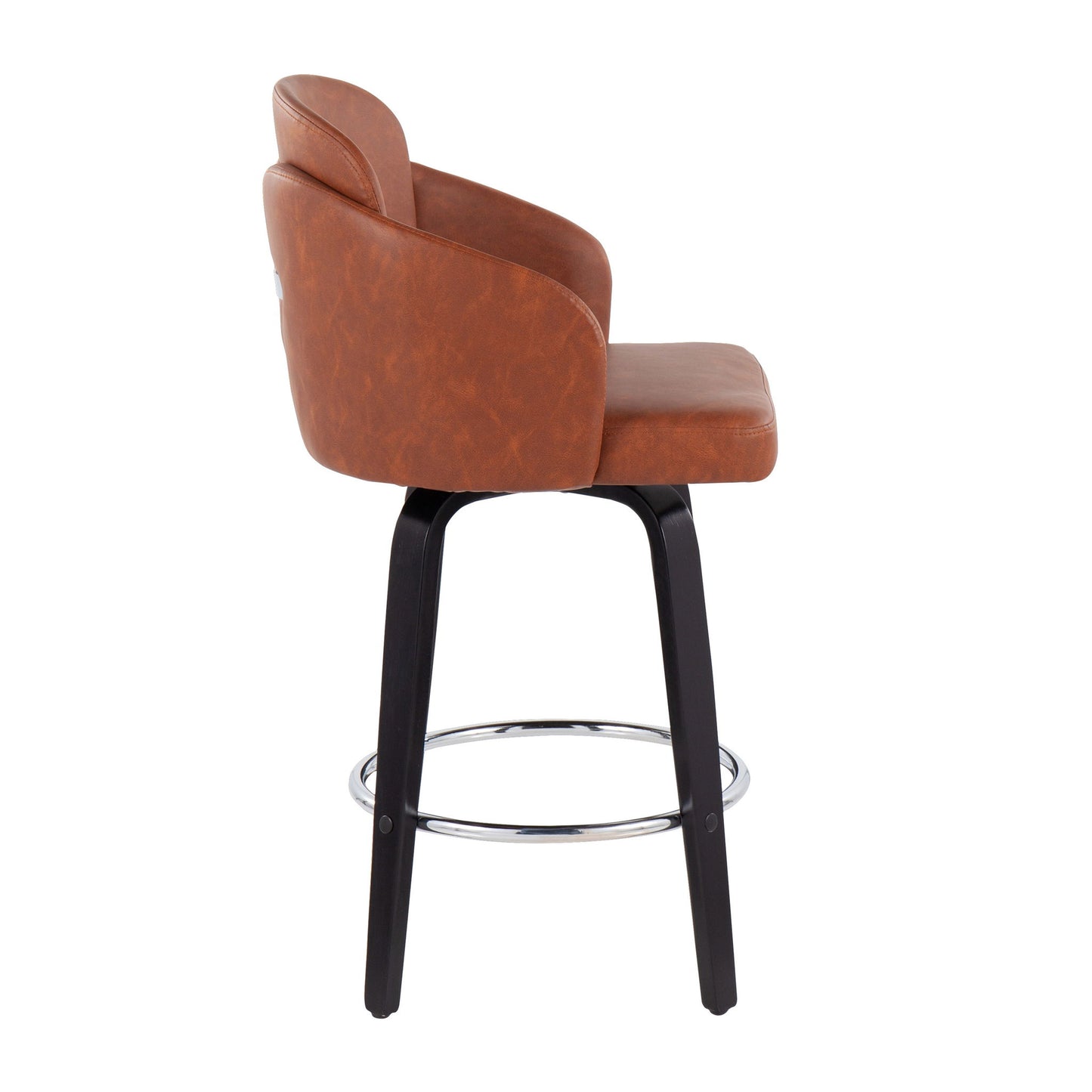 Side view of the Dahlia - Contemporary Counter Stool (Set of 2) featuring a brown cushioned seat and backrest, black wooden legs, and a circular chrome footrest, displayed against a white background.