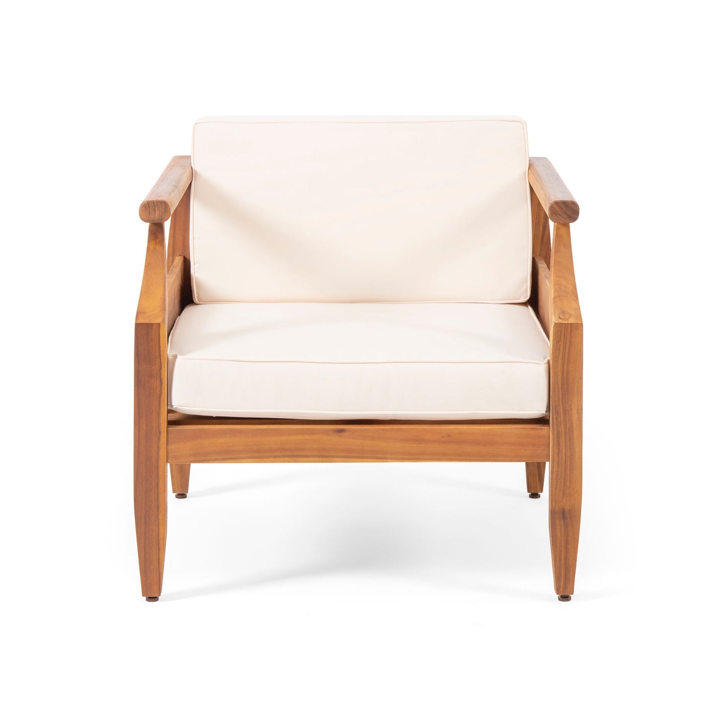 The Outdoor Club Chair With Recessed Arms And Cushions features a minimalist wooden frame, angled legs, and light beige seat and backrest cushions, shown against a white background.