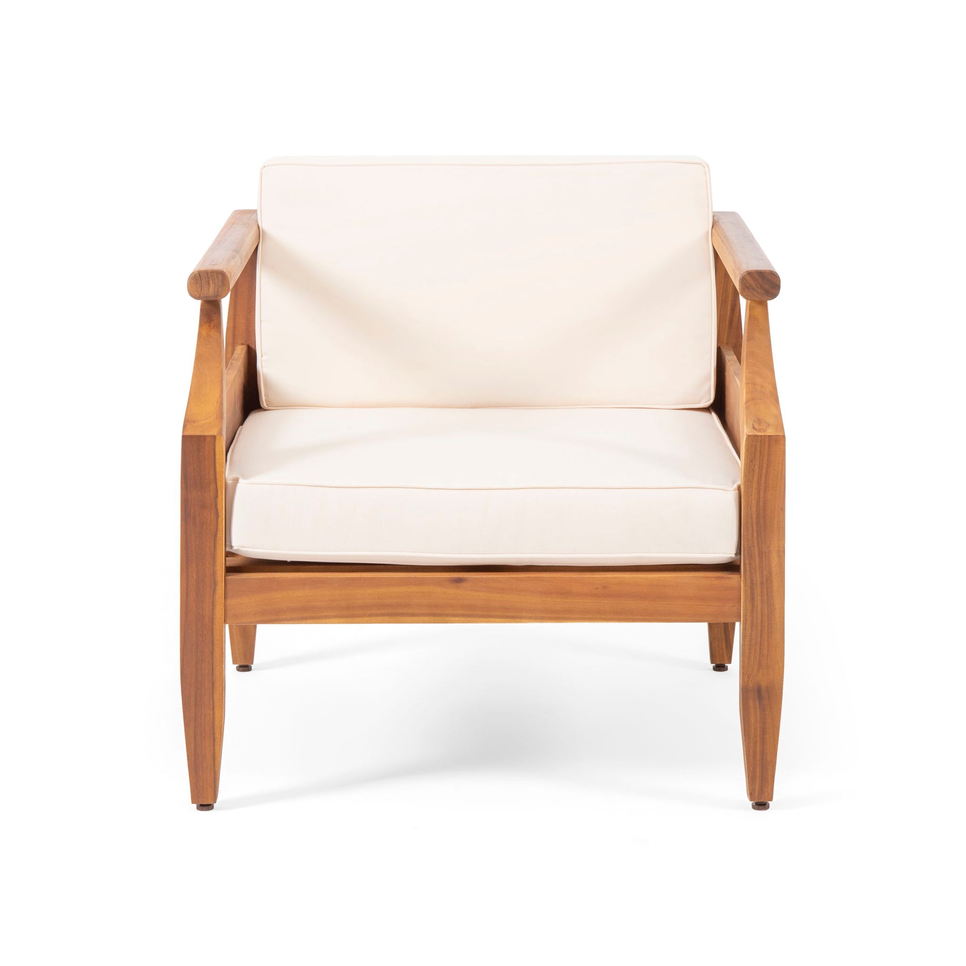 The Outdoor Club Chair With Recessed Arms And Cushions features a minimalist wooden frame, angled legs, and light beige seat and backrest cushions, shown against a white background.
