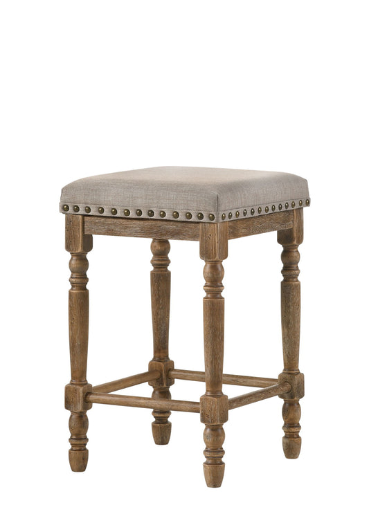 The Farsiris Weathered Counter Height Stool (Set of 2) features four turned legs with footrests, a square beige cushioned seat, and decorative nailhead trim along the edges.