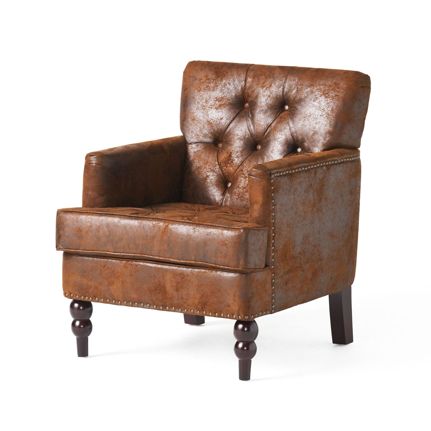 The Vitality Club Chair features brown leather upholstery, button tufted diamond stitching, nailhead trim, and dark turned wooden legs, displayed against a plain white background.