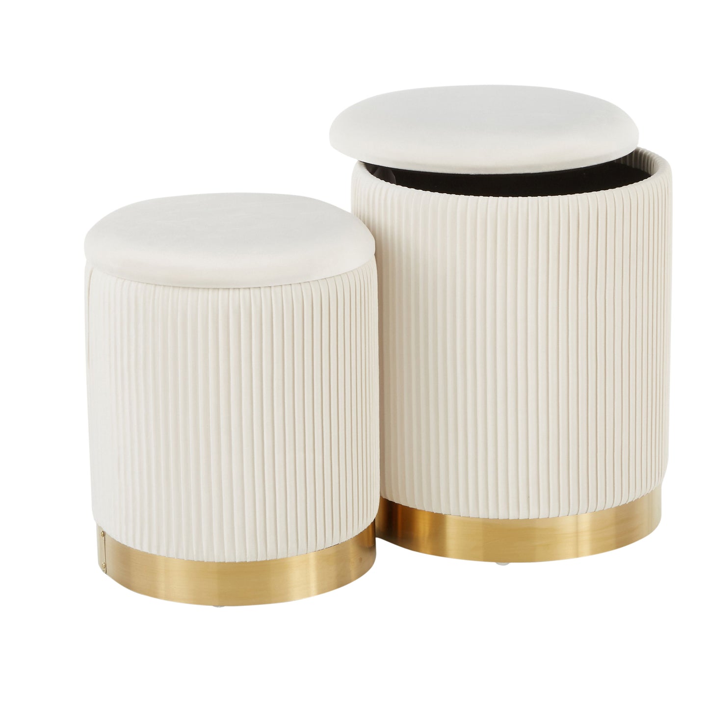 The Marla Contemporary Nesting Pleated Ottoman Set features two round cream-colored ottomans with pleated sides and gold bases. The smaller ottoman fits slightly inside the larger, offering a nested look. Both have cushioned tops.