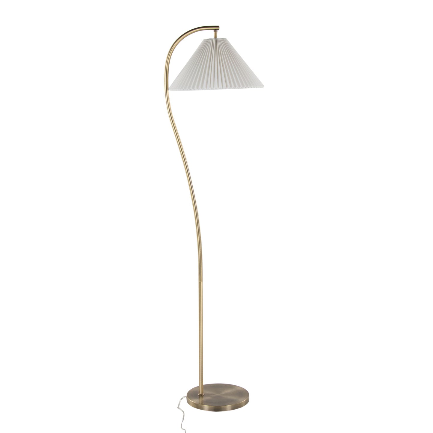 The Cassis - Glam / Art Deco Floor Lamp Pleated in Gold/White features a curved brass stand, round flat base, pleated white lampshade, and a white power cord extending from the base.