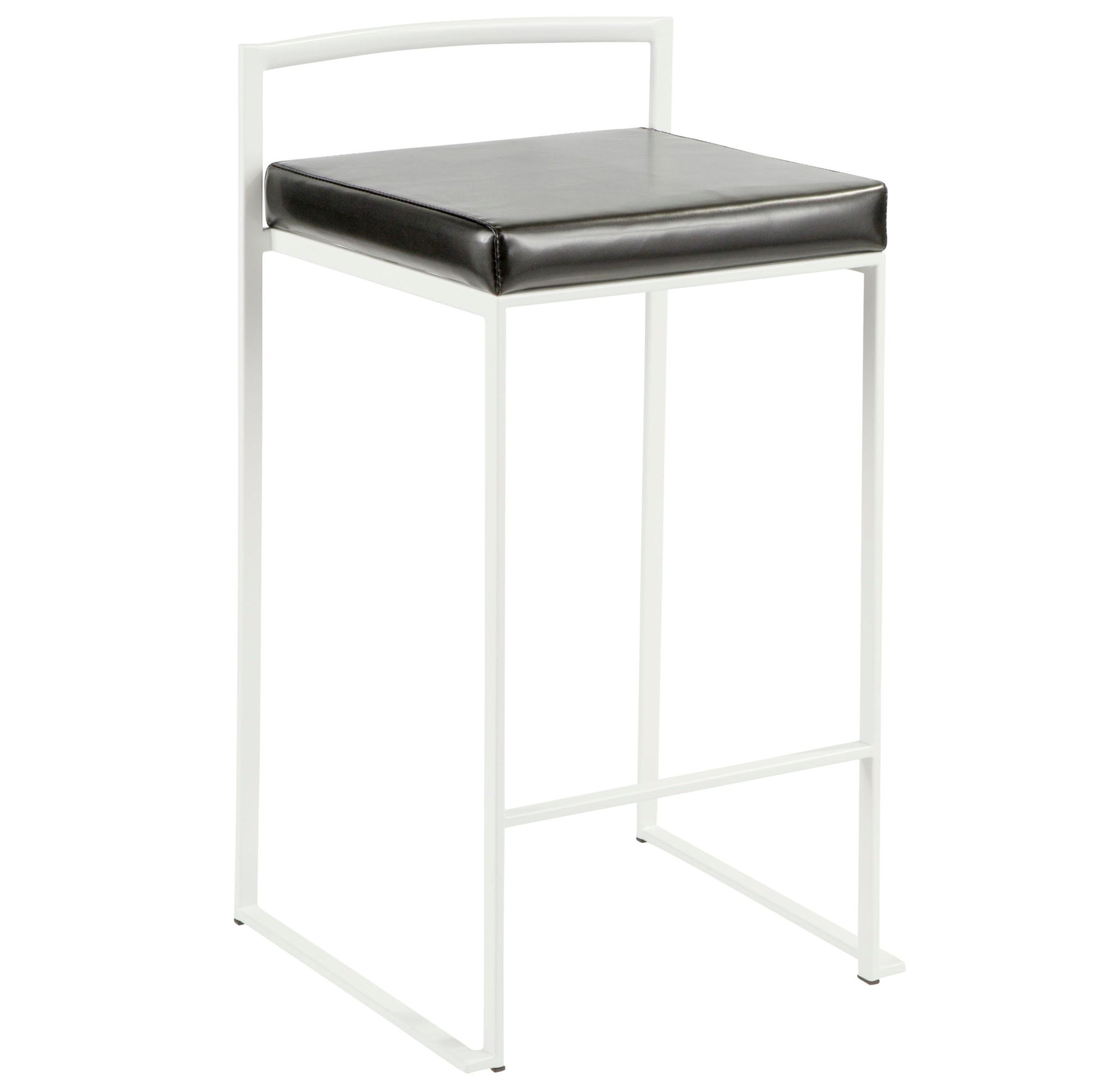 The Fuji - Simple Elegance, Contemporary Stackable Counter Stool features a white metal frame, square black cushioned seat, minimalist design, low backrest, and open sides.