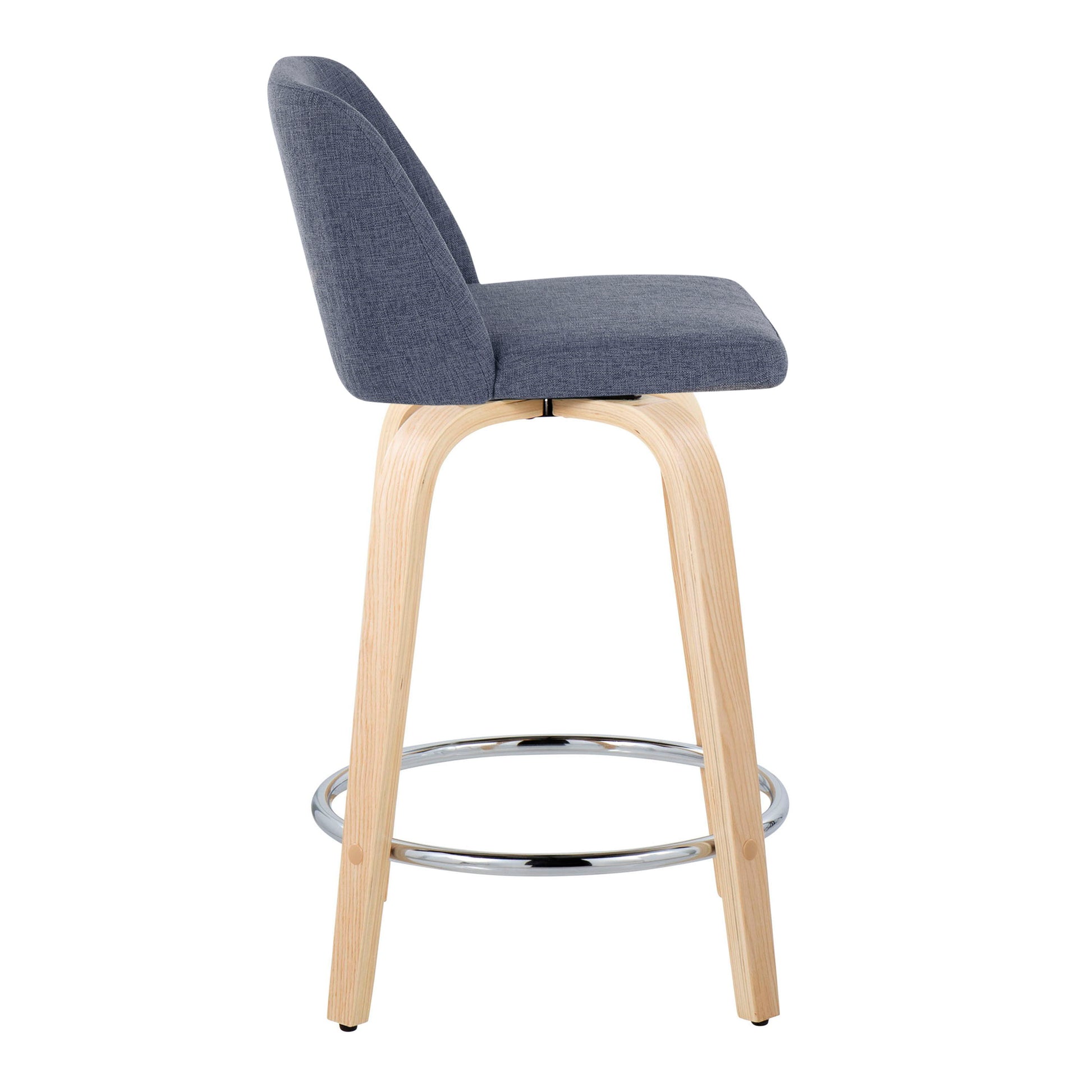 The Toriano Contemporary Fixed Height Counter Stool features a gray cushioned seat and backrest, light wooden legs, and a round chrome footrest. Shown from the side against a white background. Sold as a set of 2 with swivel function.