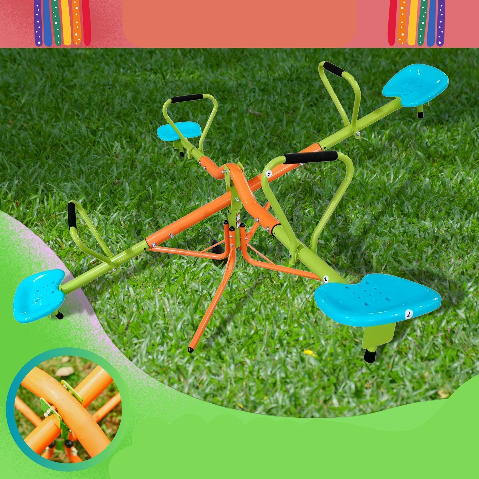 The Xss004 Outdoor Playground Four Seats Seesaw for kids (ages 3+) features blue plastic seats and sturdy green/orange bars, set on grass. The image includes decorative borders and a circular inset with a close-up of the frame.