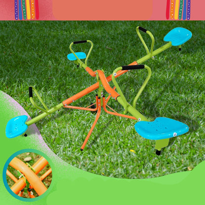 The Xss004 Outdoor Playground Four Seats Seesaw for kids (ages 3+) features blue plastic seats and sturdy green/orange bars, set on grass. The image includes decorative borders and a circular inset with a close-up of the frame.
