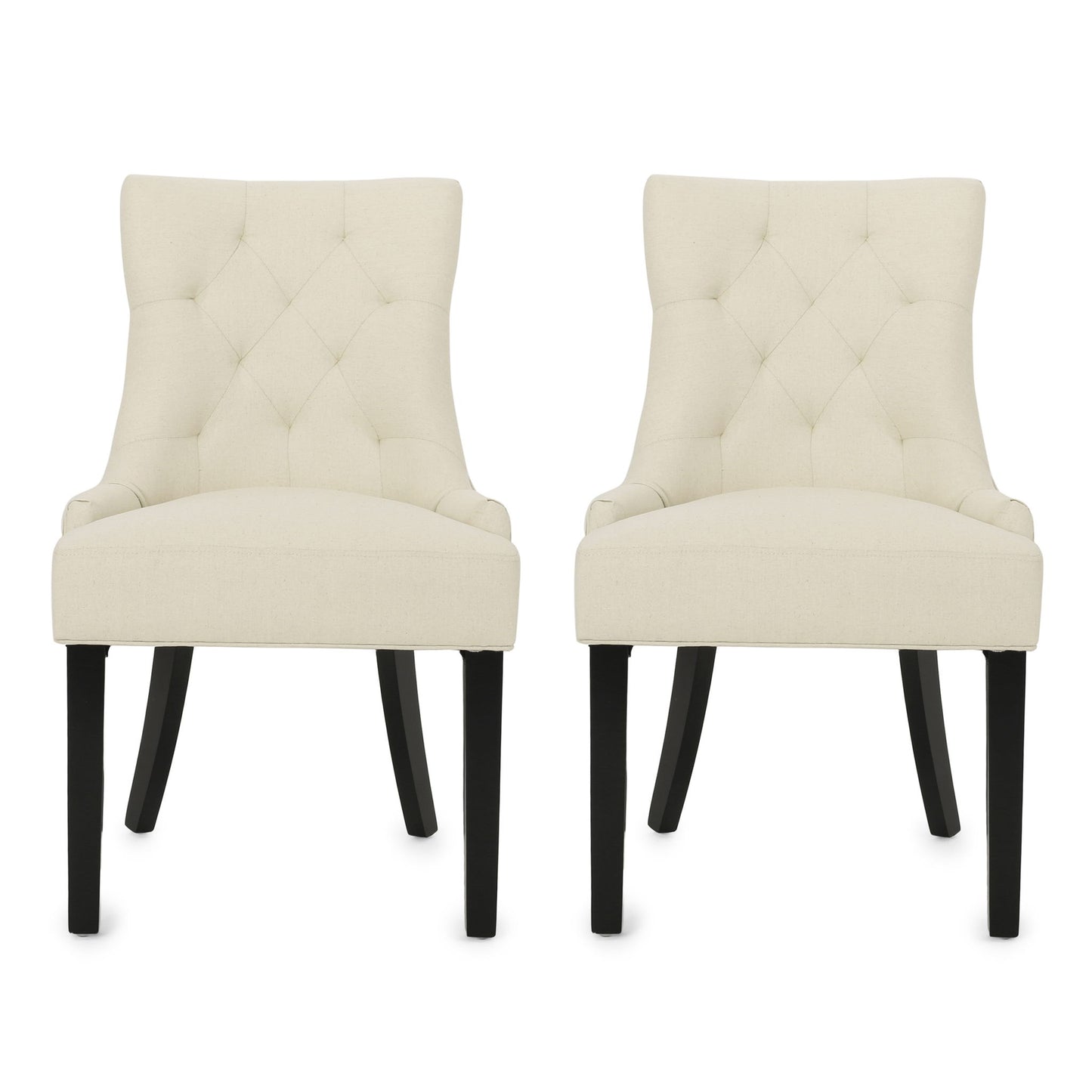 A set of two Cheney Contemporary Dining Chairs with cream tufted upholstery and black wooden legs, placed side by side against a white background.