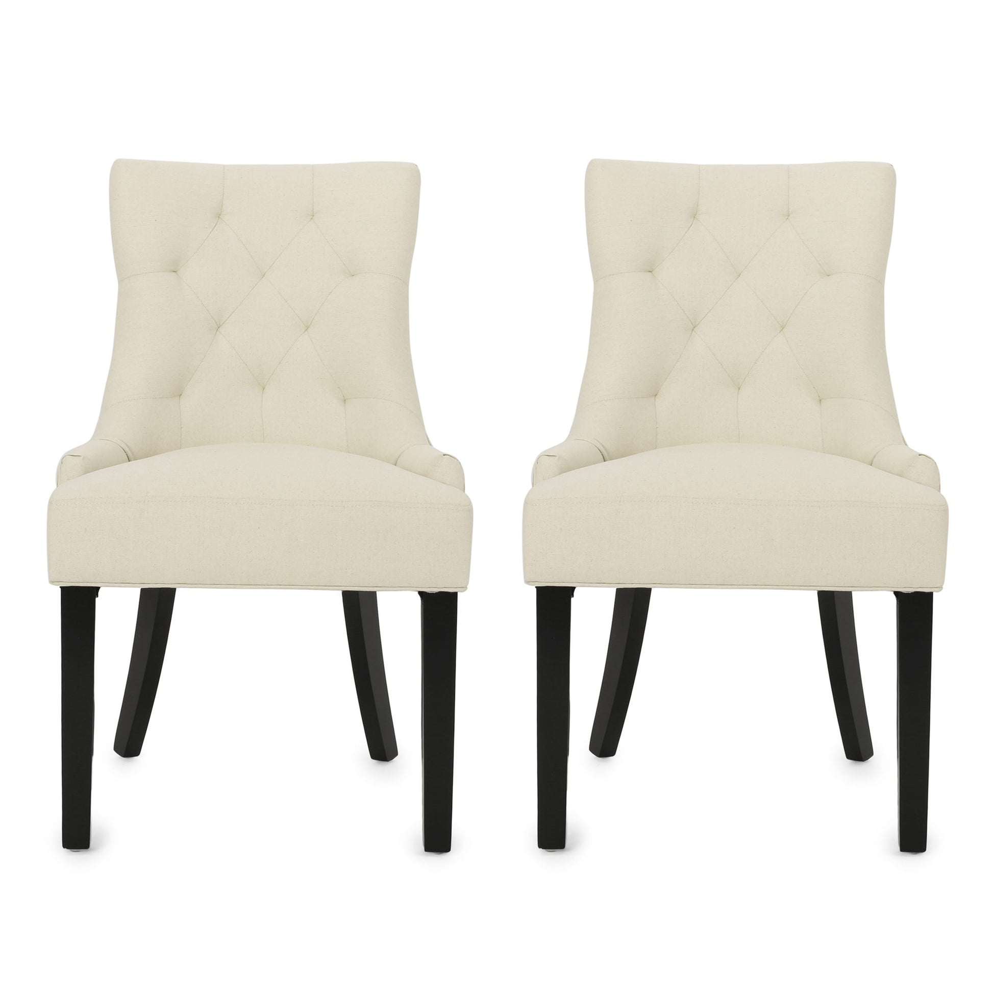 A set of two Cheney Contemporary Dining Chairs with cream tufted upholstery and black wooden legs, placed side by side against a white background.