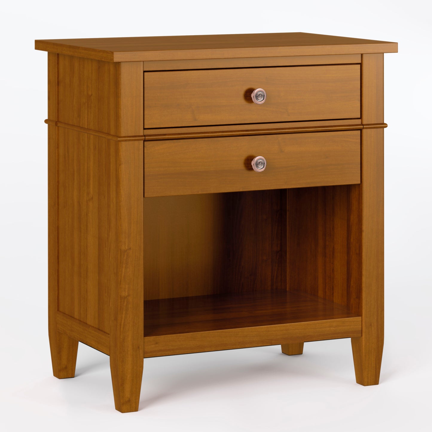 The Carlton - Bedside Table is a handcrafted wooden nightstand with two drawers, an open lower shelf, smooth finish, and a simple classic design featuring round drawer knobs.